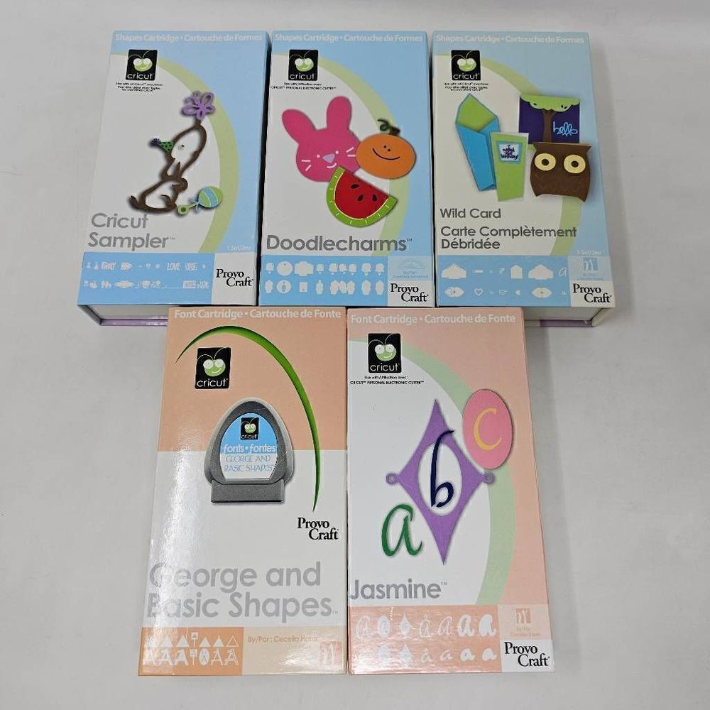 CRICUT CARTRIDGE LOT 5 SHAPES FONTS JASMINE GEORGE DOODLE WILD SAMPLER COMPLETE